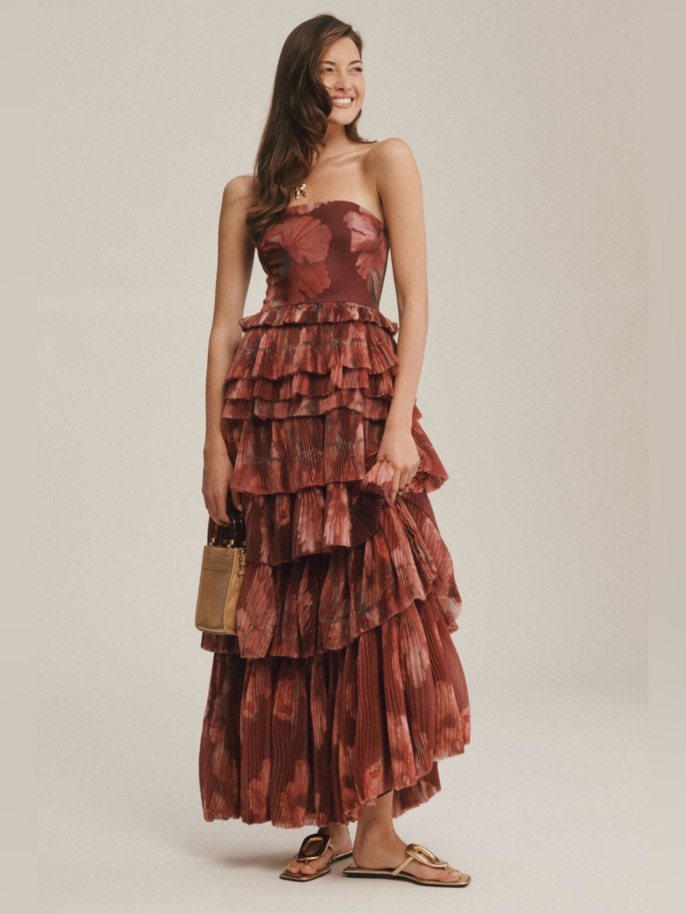 Hutch Strapless Tiered Maxi Dress in Rust Floral